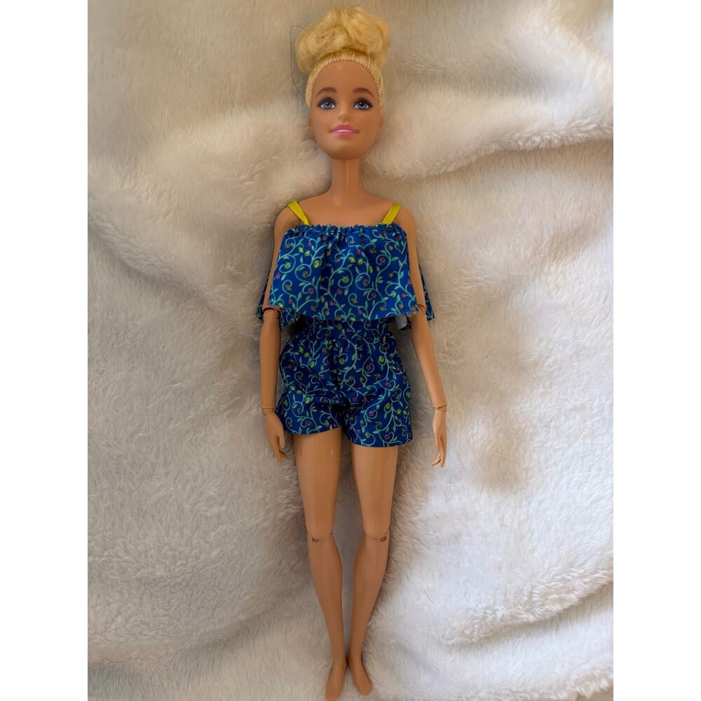 Barbie Fashionistas Doll Blonde Bun Articulated Floral Romper Mattel 2015